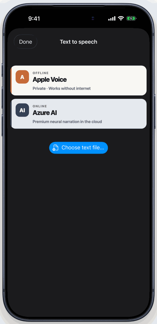 Talefall AI Studio screen with voice options