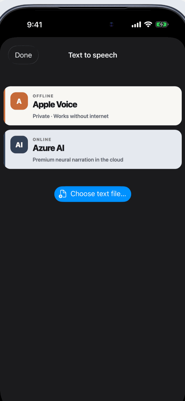 Pantalla del Estudio IA de Talefall con opciones de voz