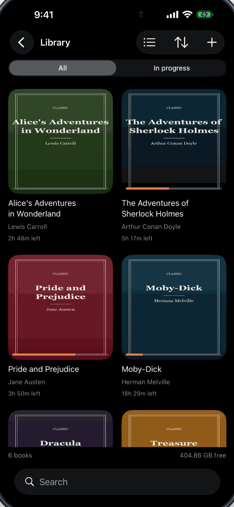 Biblioteca de Talefall con audiolibros y libros de texto